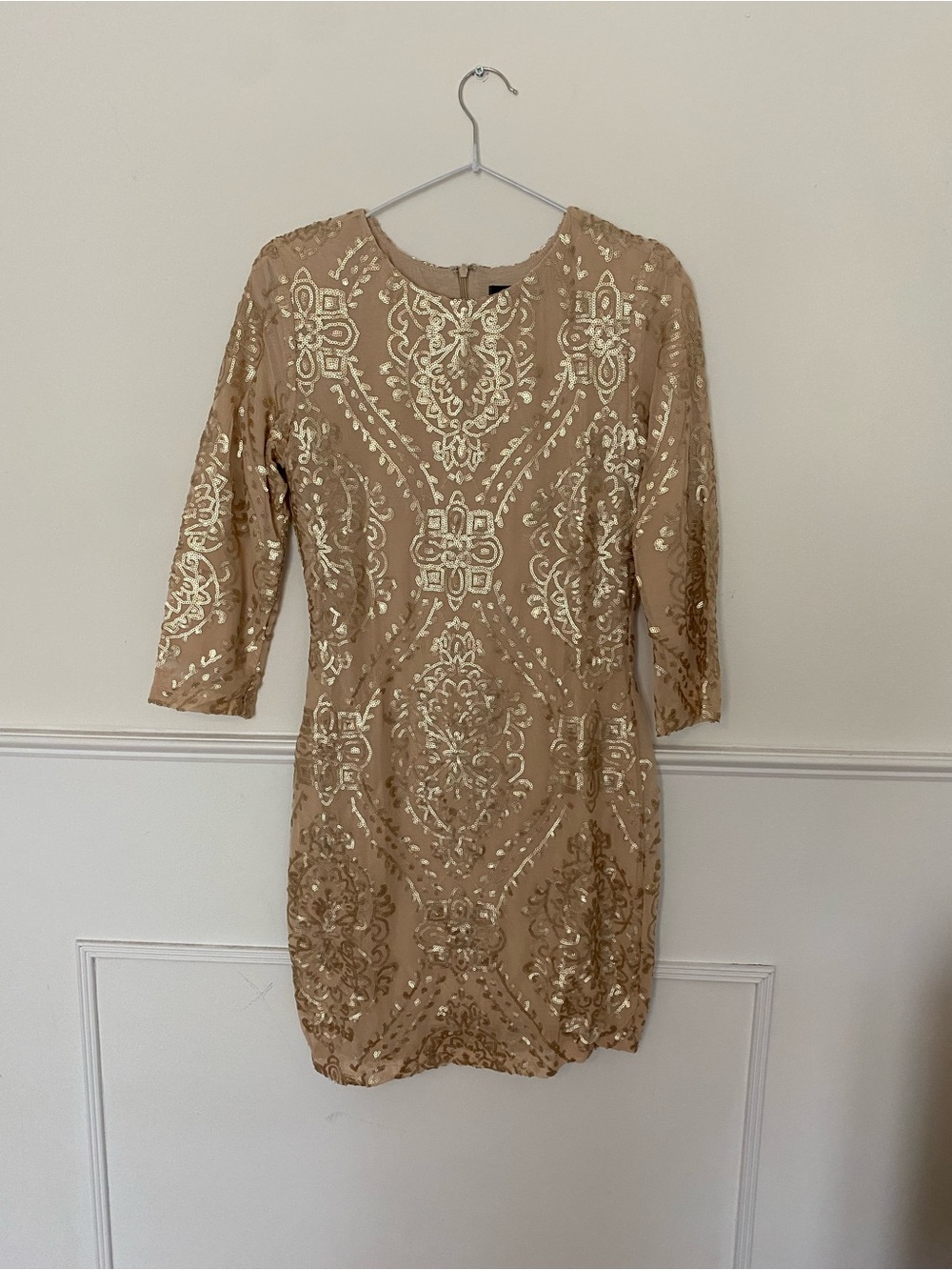 TFNC Nude Sequin-Embellished Long Sleeve Sheath Dress